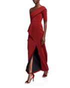 One-shoulder Short-sleeve Asymmetric Peplum Column Gown