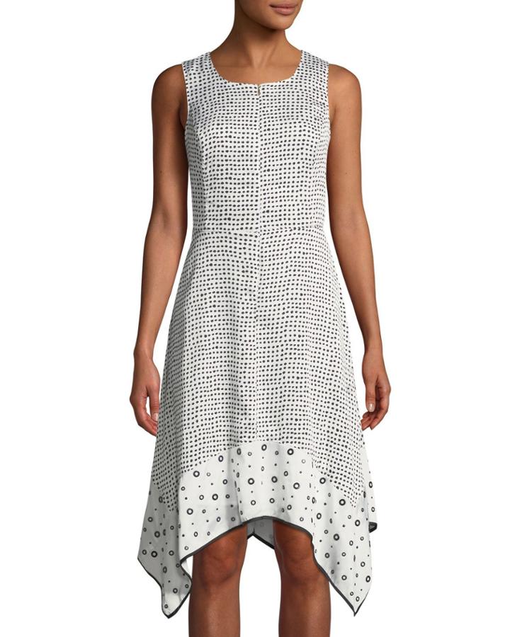 Printed Zip-front Grommet-trim Handkerchief Dress