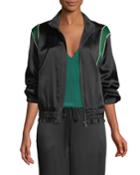 Zip-front Piped Satin Bomber Jacket