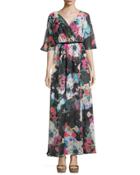 Floral-print 3/4-sleeve Maxi Dress, Black/multi