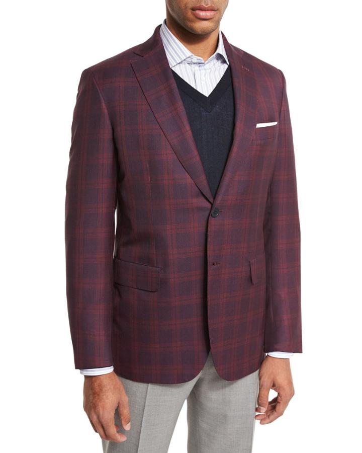 Plaid Two-button Sport Coat, Red/navy
