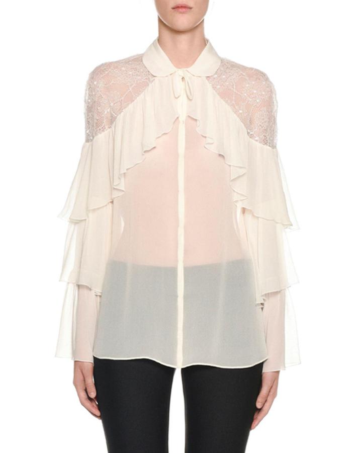 Tiered-ruffled Lace-yoke Chiffon Blouse