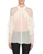 Tiered-ruffled Lace-yoke Chiffon Blouse