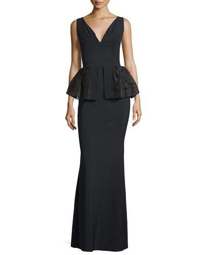 Sleeveless V-neck Peplum Gown, Black
