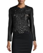 Leather Matelasse Long-sleeve Jacket, Black