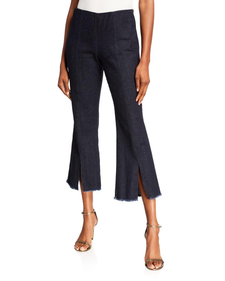 Denim Slit-front Fringe-hem Pants