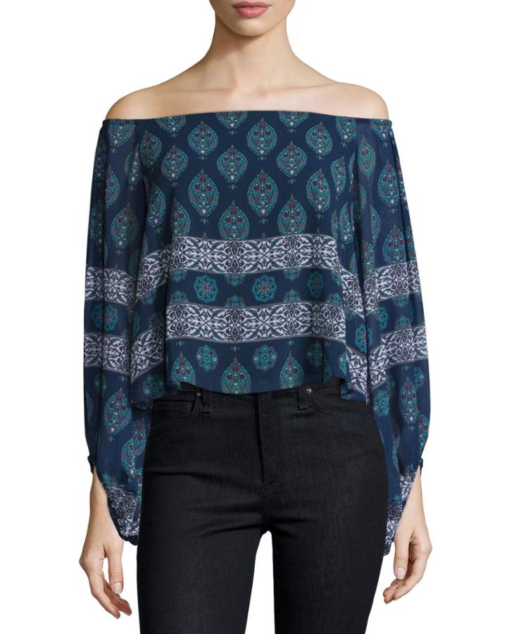 Off-the-shoulder Balloon-sleeve Top, Temple Print