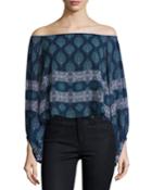 Off-the-shoulder Balloon-sleeve Top, Temple Print