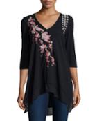 Jwla Voltage Noriko 3/4-sleeve Floral-embroidered Tunic, Black, Women's,