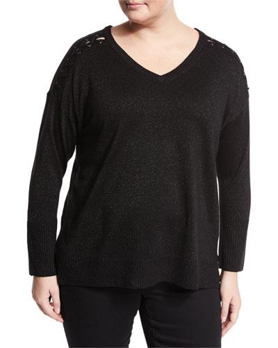 Metallic-thread Pullover Top, Black,