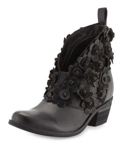 Flowered Leather V-cut Bootie, Black