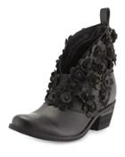 Flowered Leather V-cut Bootie, Black
