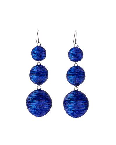 Thread Triple-drop Ball Earrings, Blue