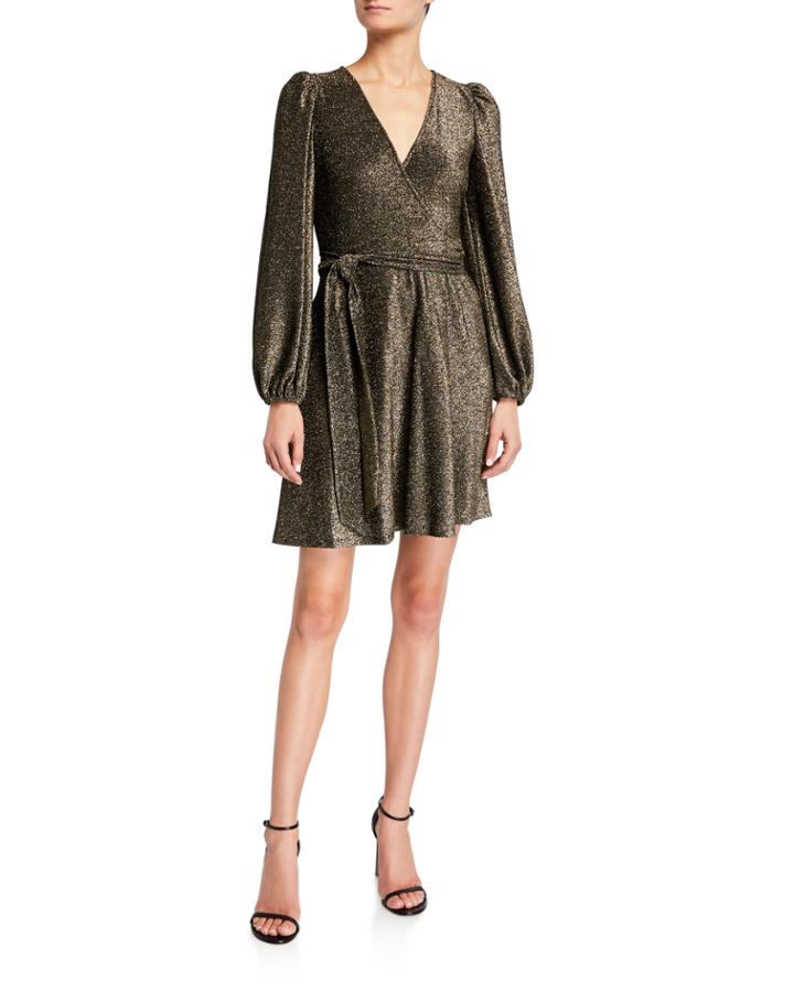 Metallic Long-sleeve Wrap Dress