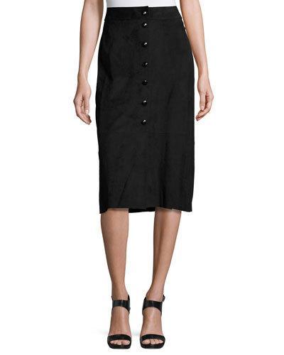 Button-front Faux-suede Midi Skirt, Blackbird
