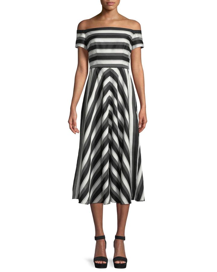 Off-the-shoulder Striped Fit-and-flare Dress
