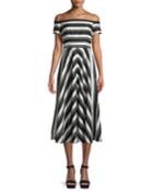Off-the-shoulder Striped Fit-and-flare Dress