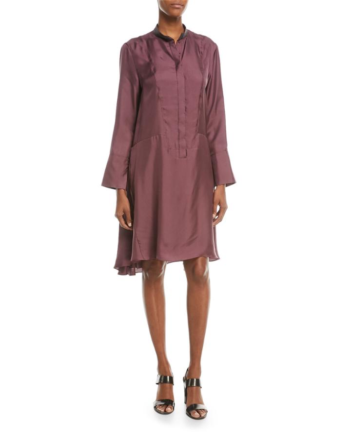 Long-sleeve Silk A-line Dress W/ Monili Mandarin Collar