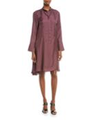 Long-sleeve Silk A-line Dress W/ Monili Mandarin Collar