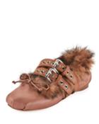 Rabbit Fur Belted Ballerina Flat, Neutral