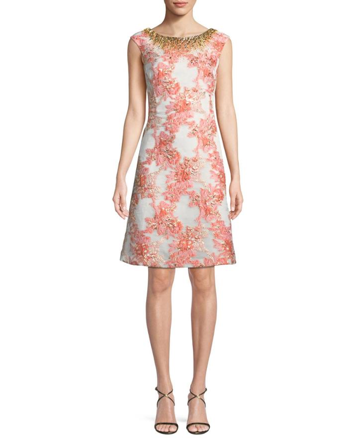 A-line Brocade Dress W/ Jeweled Neckline