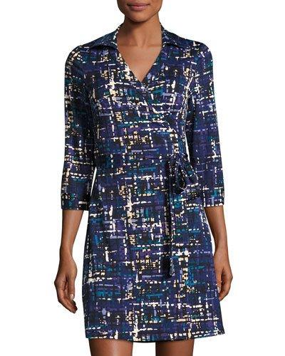 Milo Tweed-print 3/4-sleeve Wrap Dress, Blue Hue