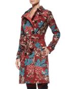 Floral-print Patchwork Quilted Trenchcoat, Carmine Red