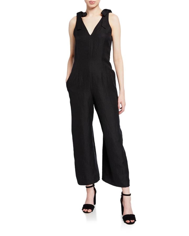 V-neck Sleeveless Silk/linen Ankle Jumpsuit