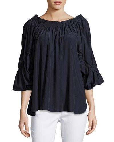 Angel-sleeve Pleated-neck Top, Navy