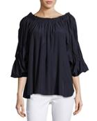 Angel-sleeve Pleated-neck Top, Navy
