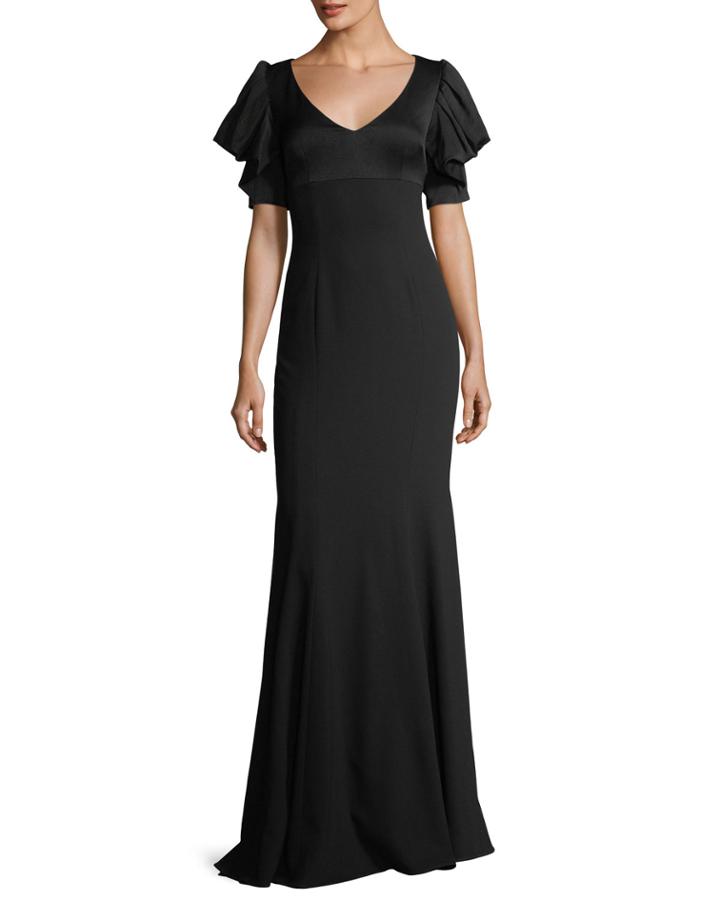 V-neck Puff-sleeve Evening Gown