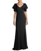 V-neck Puff-sleeve Evening Gown