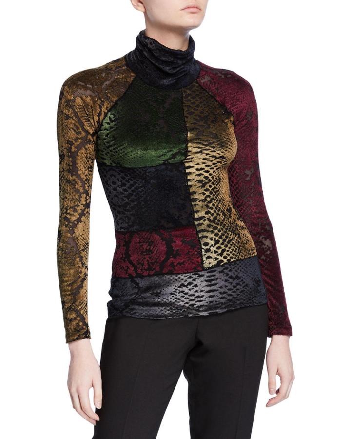 Snake-print Velvet Patchwork Turtleneck Top