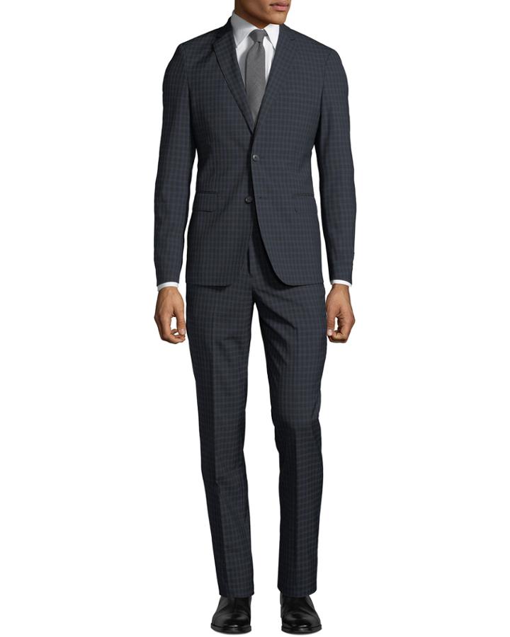 Men's Windowpane Wool-twill Two-piece Suit, Black/blue