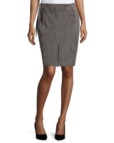 Drawstring-waist Suede Pencil Skirt, Dark Gravel