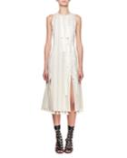 Blanche Sleeveless Jacquard Diagonal-snap Dress With Pompom & Ribbon Trim