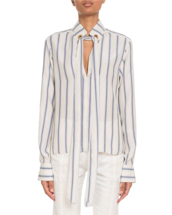 Tie-neck Keyhole-front Long-sleeve Striped