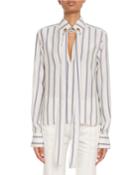 Tie-neck Keyhole-front Long-sleeve Striped