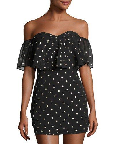 Off-the-shoulder Polka-dot Dress, Black Pattern