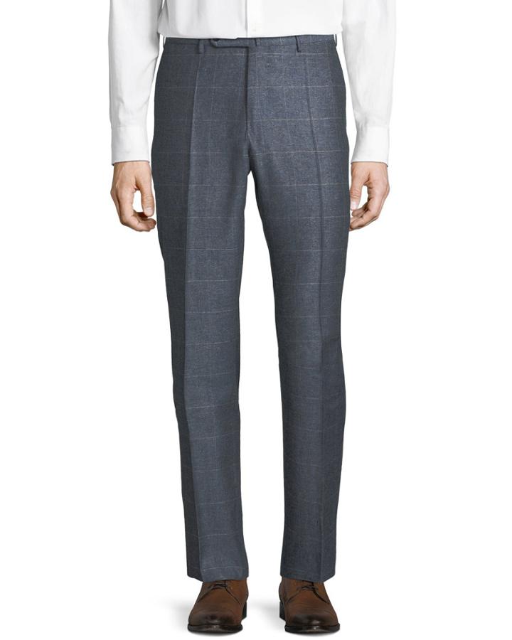 Men's Windowpane Silk-blend Melange Trousers