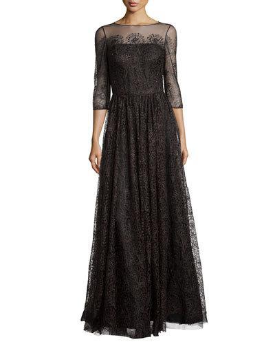 3/4-sleeve Lace Tulle Gown