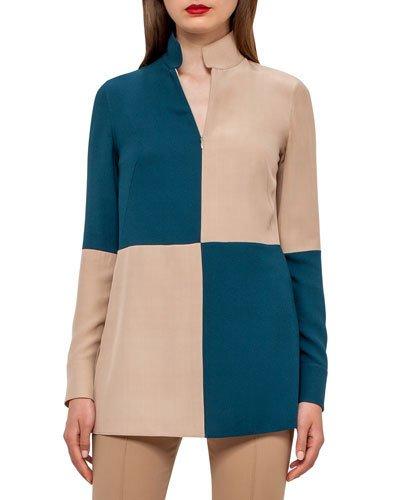 Bicolor Long-sleeve Tunic Blouse, Camel/seabiscuit