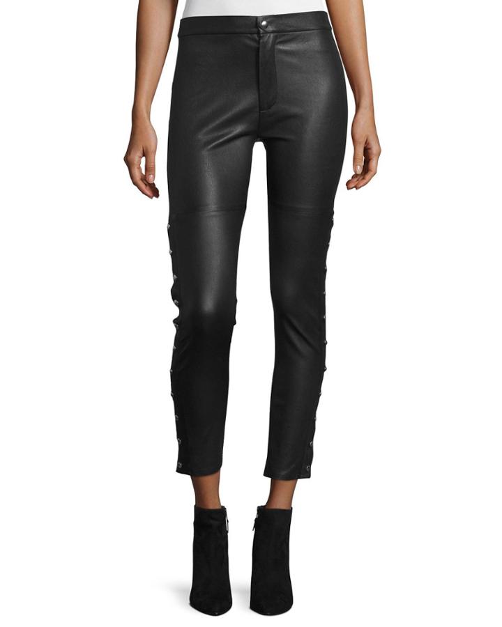 Sabrina Snap-trim Leather Ankle Pants, Black