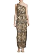 One-shoulder Sequined Gown, Gold