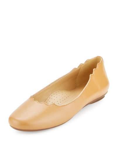 Seva Scalloped Leather Flat, Camel