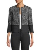 Aisha 3/4-sleeve Zip-front Tweed Jacket, Black