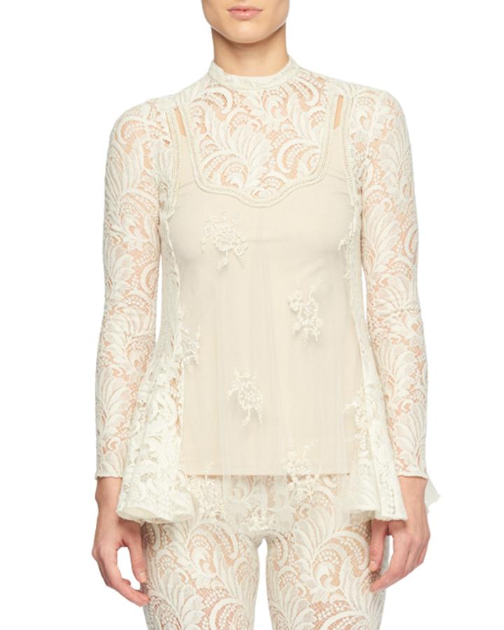 Long-sleeve Sheer Front Pearlescent-bead