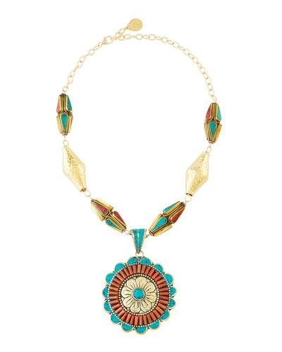 Coral & Turquoise Flower Pendant Necklace