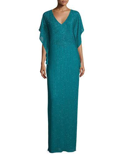 Beaded Flutter-sleeve Column Gown, Jade