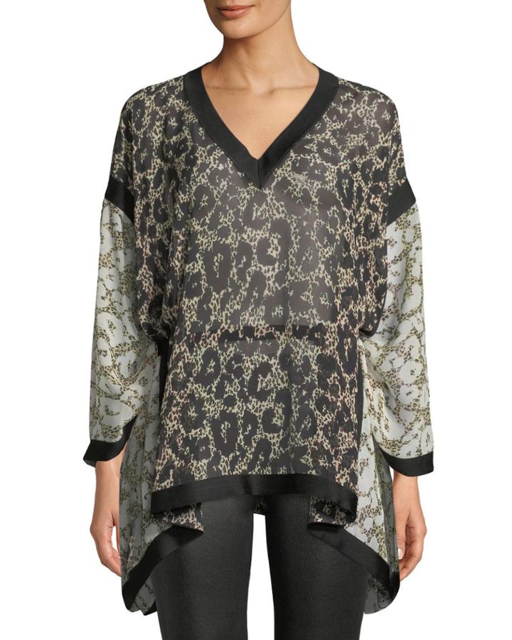 Long-sleeve V-neck Retro Leopard-print Caftan Blouse W/